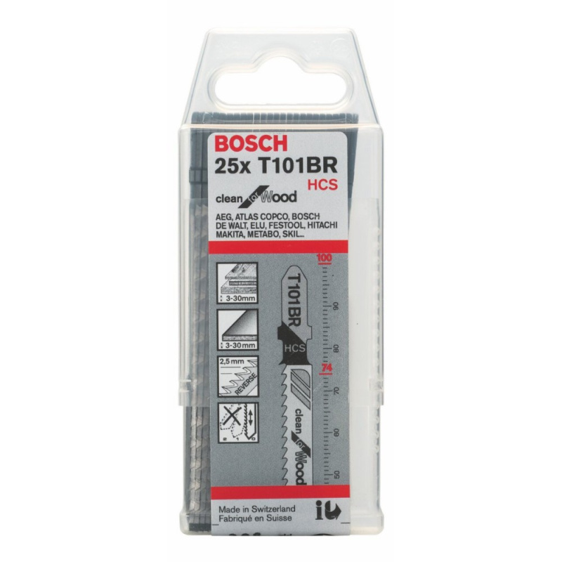 Пилки для лобзика по дереву, 25 шт. T101BR Clean for Wood, HCS BOSCH 2608633623